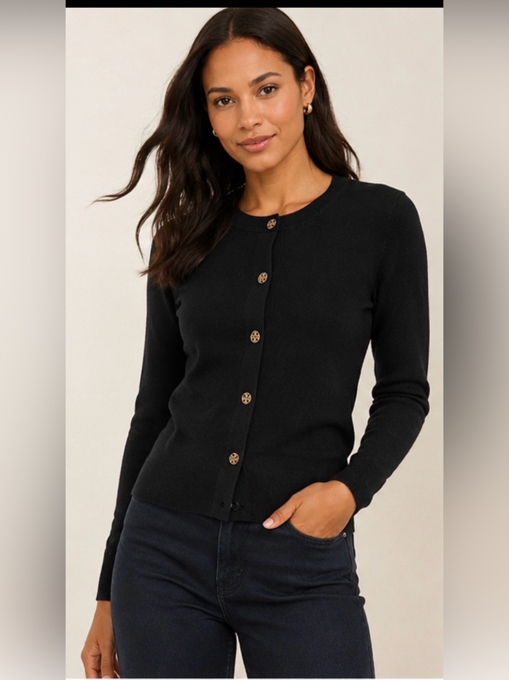 Tory Burch 100% Merino Wool Cardigan Sweater Black Gold Logo Buttons Classic